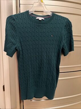 Tommy Hilfiger Teal Cable-Knit Short Sleeve Crewneck Sweater